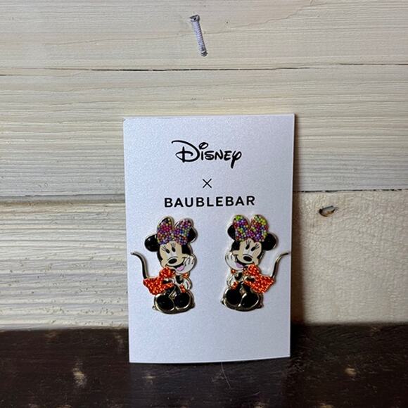 Disney BaubleBar Minnie Mouse Earrings Stud Gold Tone Holiday Gift NWT - Picture 1 of 1